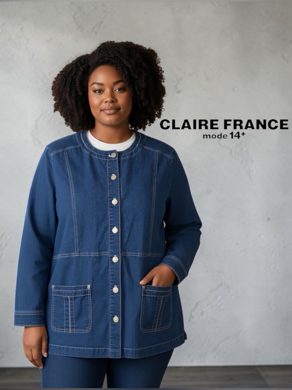 Claire France, Plus Size 22W, Denim Jacket, Long Blue Jean Jacket with Pockets